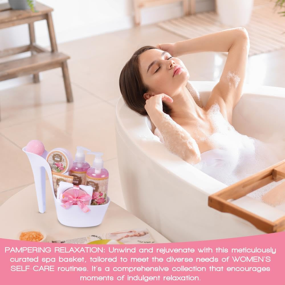 Mother’S Day Gift Baskets for Women, 8 Pc British Rose Spa Gift Set, Heel Shoe Bath Basket, Luxury Self Care Kit for Mom, Relaxing Bath and Body Set, Home Spa Gifts for Her by