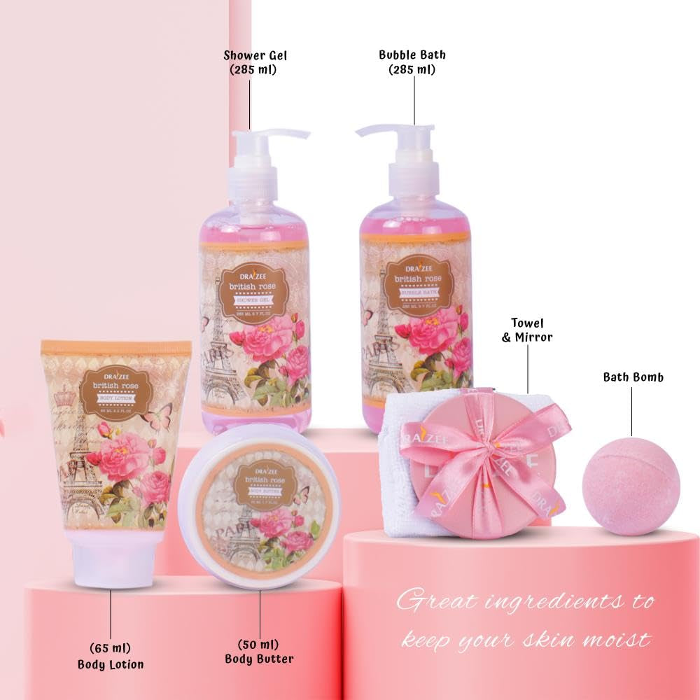 Mother’S Day Gift Baskets for Women, 8 Pc British Rose Spa Gift Set, Heel Shoe Bath Basket, Luxury Self Care Kit for Mom, Relaxing Bath and Body Set, Home Spa Gifts for Her by